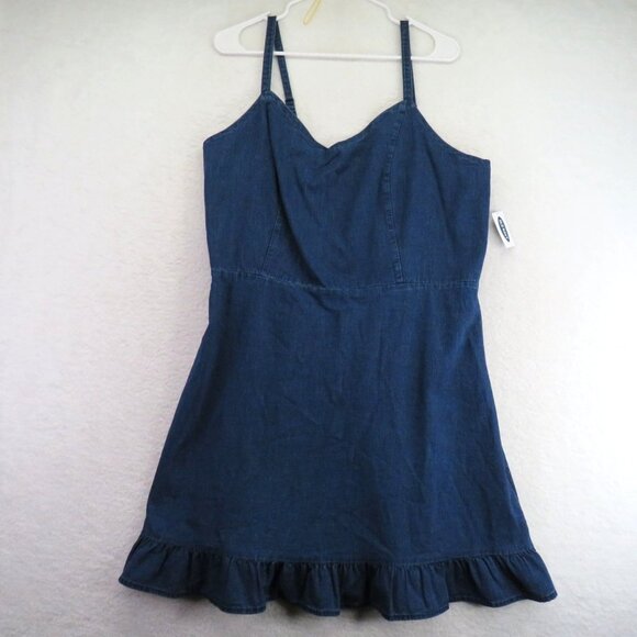 Old Navy Jean Dress Size XL Dark Wash Blue Denim Sleeveless Ruffle Hem Mini New - Picture 1 of 10